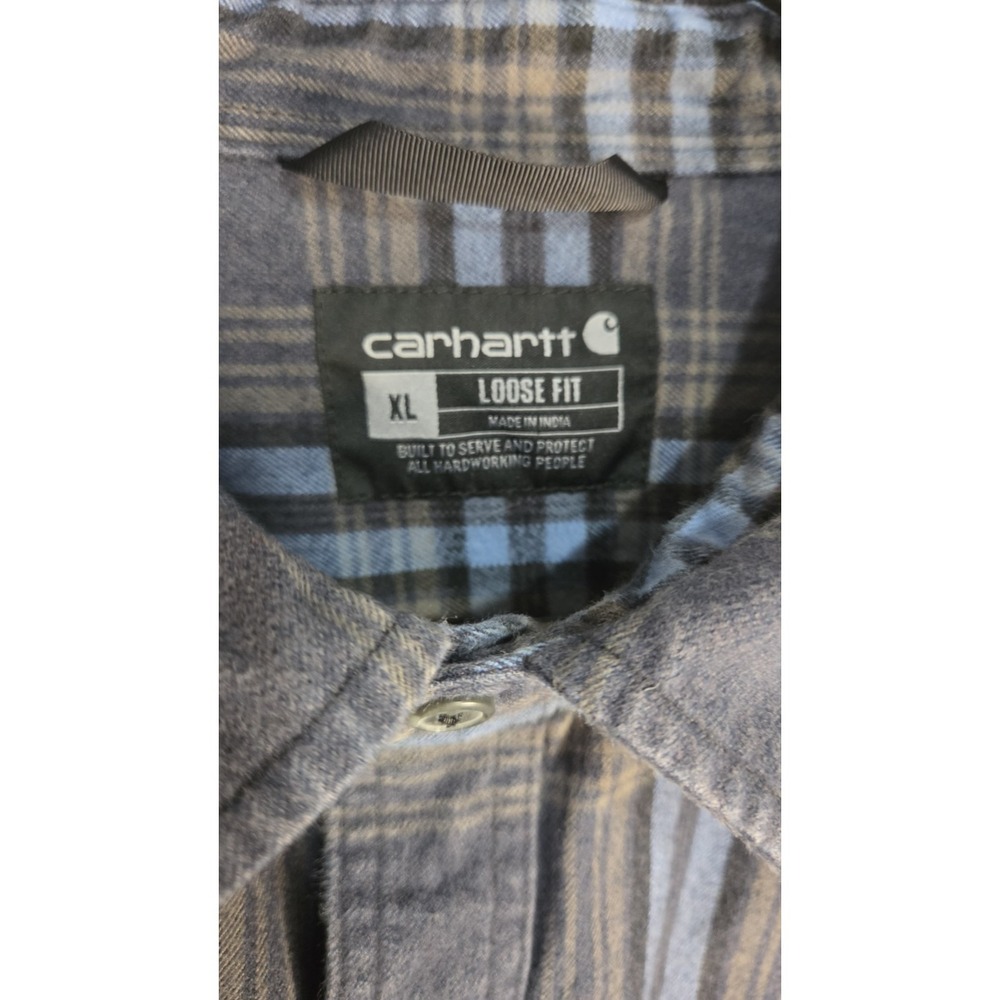 CARHARTT Blue Plaid Loose Fit Heavyweight Flannel Men Work Shirt XL - Picture 3 of 4